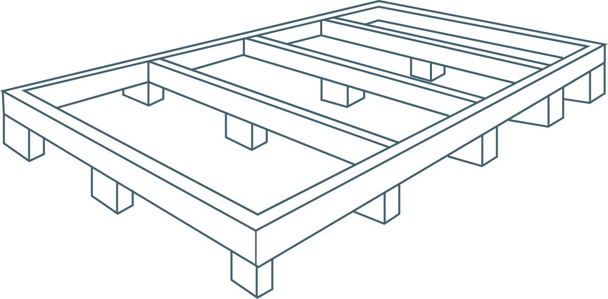 Timber frame base with support posts concreted into the ground